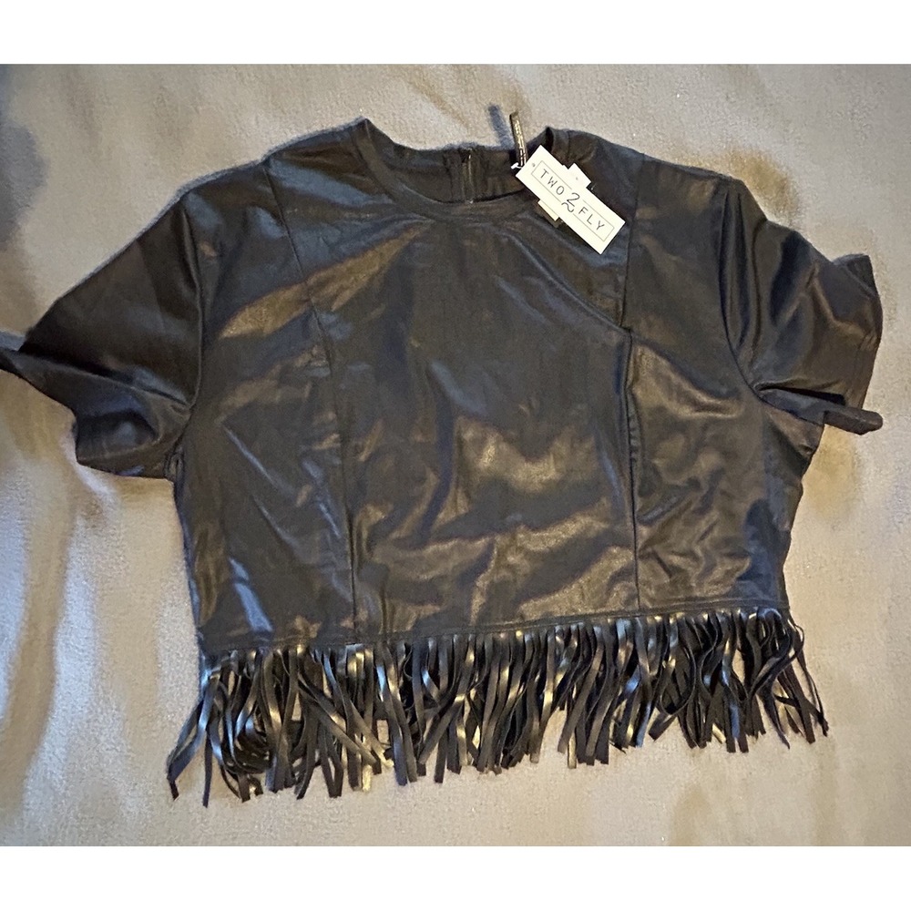 Two Fly Zippity Zap Shirt Fringe Faux Leather Fringe Top Western BLACK 3X